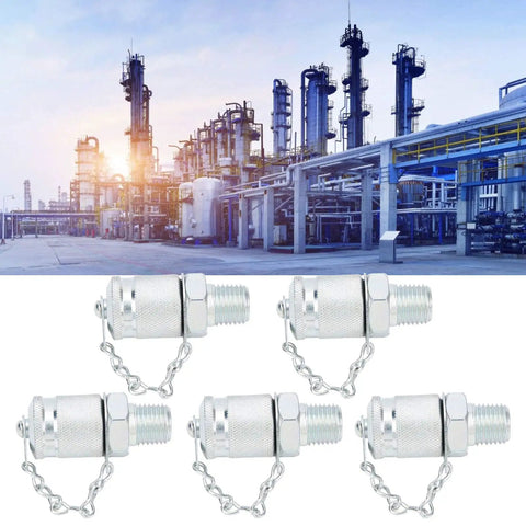 Heavy Duty Hydraulic Test Coupling Kit With Sealing Threads For Hose Fittings And Oil Measuring Tool NPT One Quarter Inch Built To Last Adapter Set For Pneumatic And Hydraulic Systems, five carbon steel adapters with chains