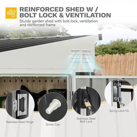 Reinforced 7x4 Foot Outdoor Weatherproof Storage Shed With Lockable Dual Doors, showing bolt lock and ventilation features