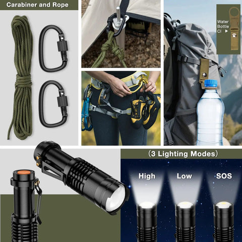 19 Piece Survival Kit For Outdoors Lovers Dope Fishing And Hunting Gadgets Included Essential Hiking Camping Gear Emergency Prep Tools Ideal Gift For Men Dads Husbands Teens Perfect Christmas Or Birthday Present featuring flashlight, carabiners, rope and harness tool on backpack and tent detail.