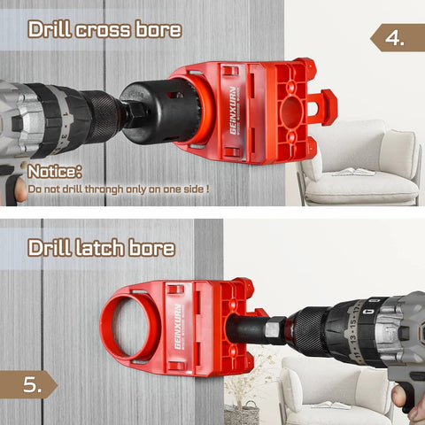 Install process using Door Lock Installation Kit For Wooden Doors With Guide Template And Carbon Steel Hole Saw Set, Red Finish.