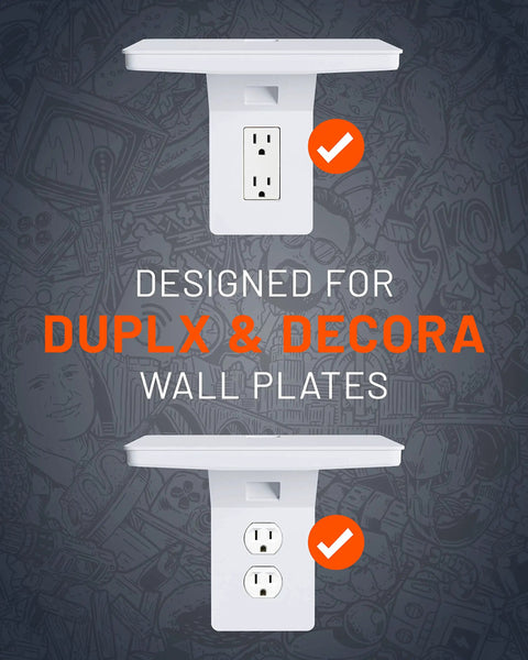 Ultra Wide Outlet Shelf With Built In Cord Storage Delivers Huge Space For Bulky Plugs And Big Devices Like Smart Speakers And Routers, Next Gen Design For Standard And Decora Outlets, Holds Up To 5 Lbs, Quick Install With Included Hardware on duplex and decora wall plates.