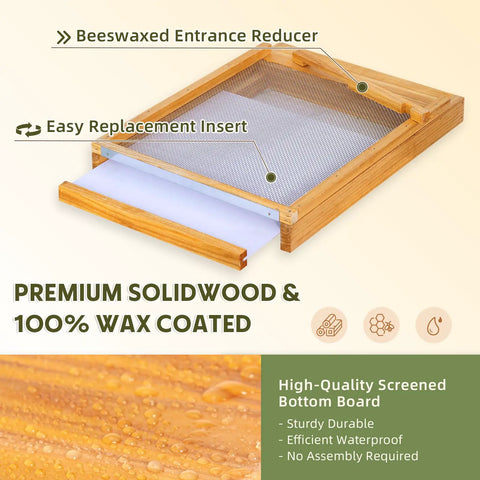 8 Frame Screened Bottom Board For Langstroth Beehives with beeswax dipped wood and entrance reducer for ventilation