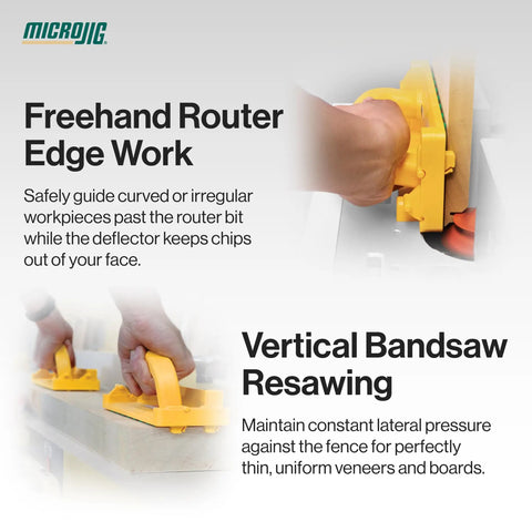 Image showing use of GRR-RIP Block Push Block And Deflector Connector Bundle for safe edge work and bandsaw resawing.