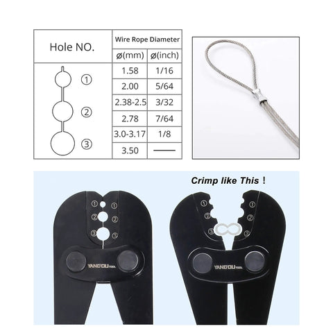 Heavy Duty Wire Rope Cutting And Crimping Tool For Aluminum Oval And Double Barrel Stop Ferrule Sleeves with crimp diagram