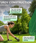 Woman setting up Heavy Duty Portable Animal Fence With Posts For Garden And Backyard 3x50 Ft Mesh Barrier with fiberglass stakes
