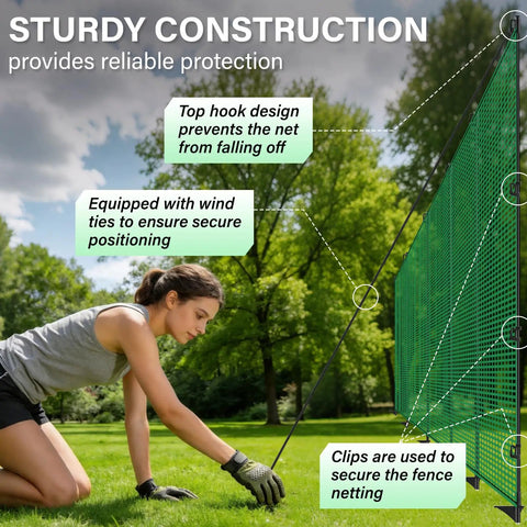 Woman setting up Heavy Duty Portable Animal Fence With Posts For Garden And Backyard 3x50 Ft Mesh Barrier with fiberglass stakes