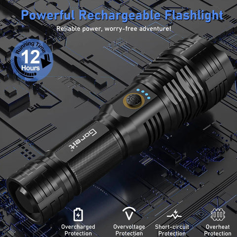 Rechargeable LED Flashlight 20,000 Lumens XHP70.2 Beam, Super Bright Handheld Flashlight angled on electronic background
