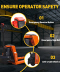 Heavy Duty Electric Pallet Jack With 4400 Lb Capacity And Lithium Battery showing safety features including emergency buttons in a warehouse.