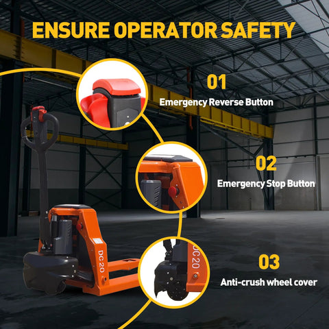 Heavy Duty Electric Pallet Jack With 4400 Lb Capacity And Lithium Battery showing safety features including emergency buttons in a warehouse.