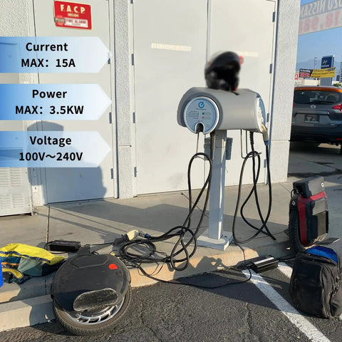 Road Trip Ready J1772 To Nema 5-15 EV Charging Adapter Plug Hooks Your Sweet Ride To Standard Households Outlets For Smooth No Sweat Charging Whenever You Hit The Road at a charging station with cables and accessories.