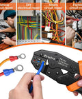 Pro Grade Ratchet Crimping Tool Kit for Insulated Terminals and Wire Connectors AWG20-10 0.5-6mm2 in use for repairs