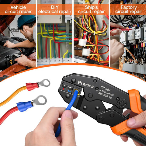 Pro Grade Ratchet Crimping Tool Kit for Insulated Terminals and Wire Connectors AWG20-10 0.5-6mm2 in use for repairs