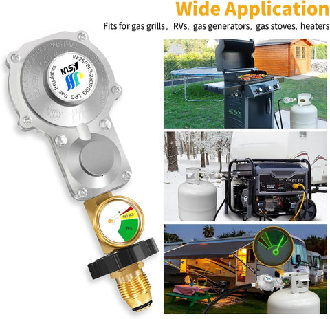 Two-stage propane regulator for RVs with gauge, perfect for stable gas pressure in outdoor cooking, grills, campers, and generators.