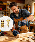 Wall Screws 20-Piece Heavy Duty Set With Gloves, Expansion Bolts For Quick Fixes Of Stripped Holes In Wood Chipboard And MDF, Deep Grip Fasteners To Stabilize Cabinet Hinges And Handles, DIY Home Improvement Kit, man drilling wood panel with two gold expansion bolts