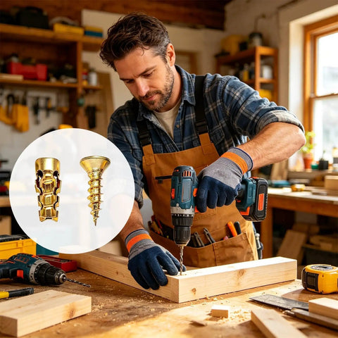 Wall Screws 20-Piece Heavy Duty Set With Gloves, Expansion Bolts For Quick Fixes Of Stripped Holes In Wood Chipboard And MDF, Deep Grip Fasteners To Stabilize Cabinet Hinges And Handles, DIY Home Improvement Kit, man drilling wood panel with two gold expansion bolts