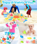 Packable Beach Toys For Kids And Tots 22 Piece Sand Set with Foldable Bucket in various playful settings