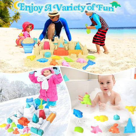 Packable Beach Toys For Kids And Tots 22 Piece Sand Set with Foldable Bucket in various playful settings