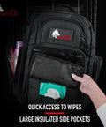 Military Inspired Tactical Diaper Backpack For Dads With 24L Capacity Water Resistant 600D Polyester shown with wipes compartment open