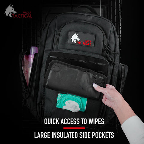 Military Inspired Tactical Diaper Backpack For Dads With 24L Capacity Water Resistant 600D Polyester shown with wipes compartment open
