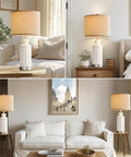 White Ceramic Table Lamps Set Of 2 With USB Charging Ports For A Cozy Modern Nightstand Vibe 28 Inch Tall Linen Drum Shade 3 Way Dimmable Touch Includes 2 LED Bulbs For Living Room And Bedroom placed in a living room and bedroom setting.