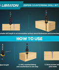 Guide showing use of the 22 Piece Countersink Drill Bit Set For Woodworking With Magnetic Holder, drilling steps illustrated.