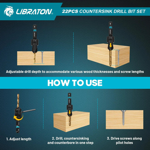 Guide showing use of the 22 Piece Countersink Drill Bit Set For Woodworking With Magnetic Holder, drilling steps illustrated.