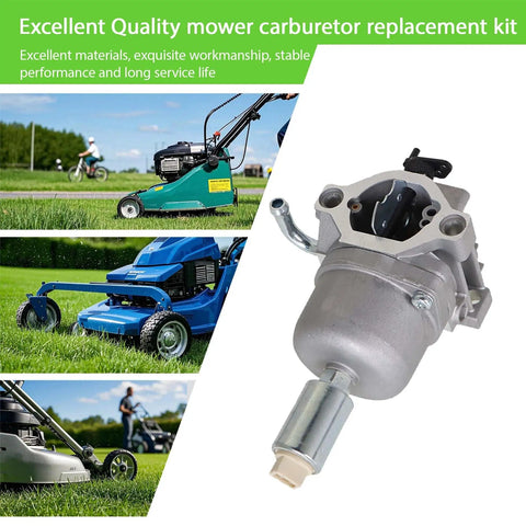 Carburetor Replacement Kit For 17.5HP To 21HP Lawn Mower And Tractor Engines, Drop In, with images of lawn mowers in use.