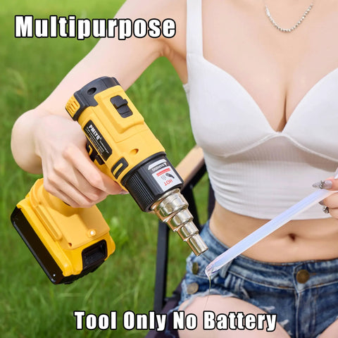 Person holding Cordless Heat Gun For DeWalt 20V Battery Powered Hot Air Tool With 350W Fast Heating; tool only, no battery included.