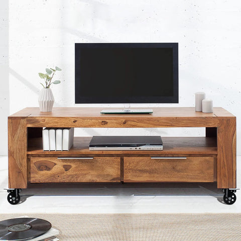 Wooden TV stand with Three Inch Plate Caster Wheel Set With Cast Iron Swivel Plate Casters And Dual Locking For Vintage TV Stands