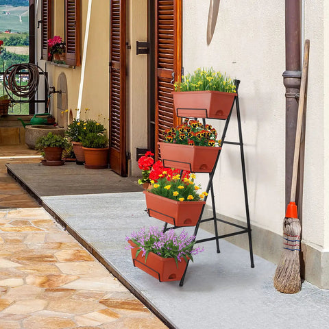4 Tier Vertical Raised Garden Bed With Legs For Indoor And Outdoor Use, Space Saving Planter, Brick Red Finish, Outdoor Setting