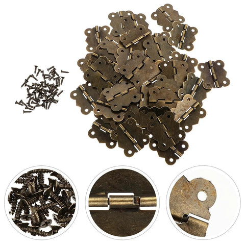 Pile of antique bronze iron cabinet hinges with screws, 30x27mm, retro style door hardware for DIY projects.
