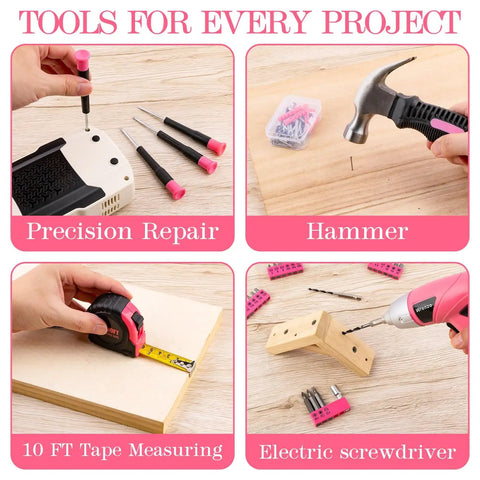 Pink 3.6V Cordless Screwdriver Set With 151 Piece Home Tool Kit showing precision repair, hammer, tape measuring, and electric screwdriver