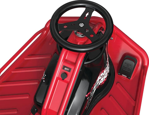 Steering wheel and interior view of 24V Electric Drifting Go Kart With Drift Bar For Dialed Drifts And Variable Speed Up To 12 MPH