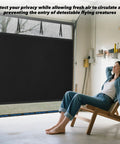 Woman relaxing near Magnetic Screen Door With Privacy Shield Hands Free Auto Close Snaps Shut Behind You For Total Privacy Black 196 By 86 Inches Easy Install Keeps Bugs Out And Home Fresh in garage setting.