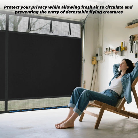 Woman relaxing near Magnetic Screen Door With Privacy Shield Hands Free Auto Close Snaps Shut Behind You For Total Privacy Black 196 By 86 Inches Easy Install Keeps Bugs Out And Home Fresh in garage setting.
