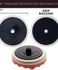 Pro Level Car Buffing And Polishing Kit with 5/8 inch threaded backing plate, 7 inch grip, featured with foam pad, front and back view.