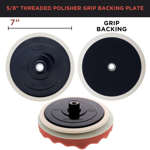 Pro Level Car Buffing And Polishing Kit with 5/8 inch threaded backing plate, 7 inch grip, featured with foam pad, front and back view.