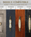 2 Pack Solid Marble Vein Ceramic Drawer Pulls 5 Inch Vintage Antique Brass Cabinet Handles Sweet Upgrade With Zero Hassle For Kitchen Cabinets Dressers Vanities Easy Install on a gray, black, and wood background.