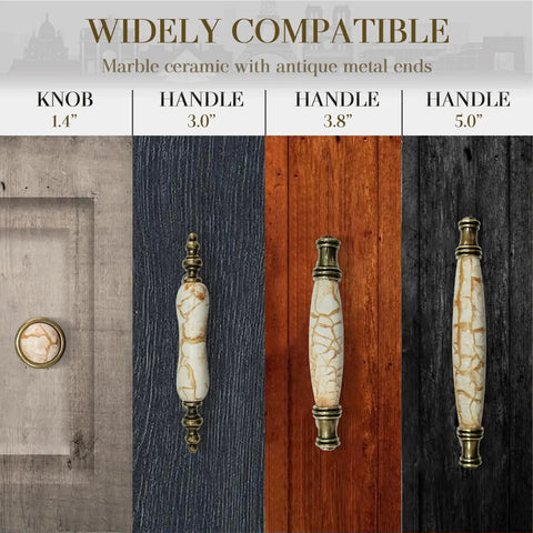 2 Pack Solid Marble Vein Ceramic Drawer Pulls 5 Inch Vintage Antique Brass Cabinet Handles Sweet Upgrade With Zero Hassle For Kitchen Cabinets Dressers Vanities Easy Install on a gray, black, and wood background.