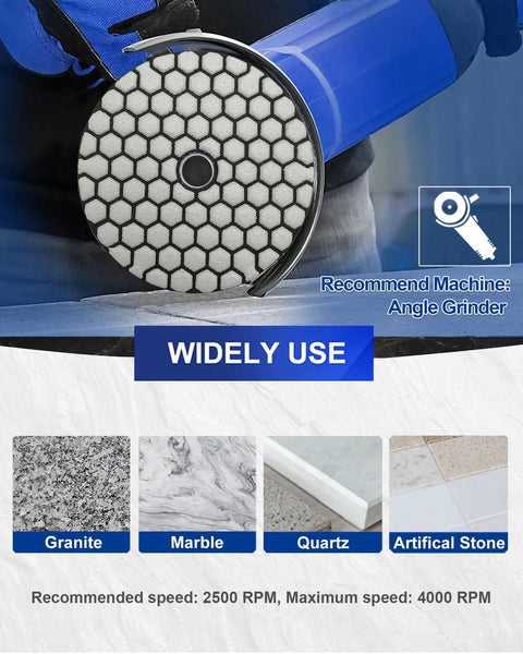 Four Inch Dry Diamond Polishing Pads Grit 100 For Granite Marble Stone Flexible Sanding Pads Grinding Kit, shown with angle grinder