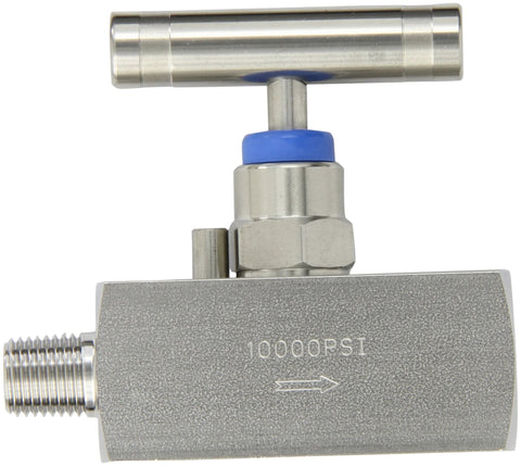 316 stainless steel needle valve with T-handle and blue cap, 1/4 in NPT x 1/4 in NPT, 10000 psi, side view