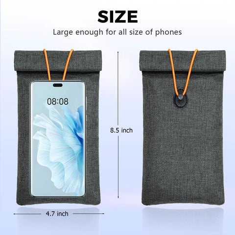 Go Dark Faraday Bags For Phones 2 Pack Signal Blocking Case shown with phone inside, 8.5 x 4.7 inch size.