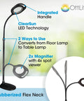 Two In One ClearSun LED Magnifier Light Floor And Table Lamp For Crafting Sewing Reading And Needlework Hands Free Optical Grade Magnification With Bright Natural Light For Your DIY Projects showing rubberized flex neck and integrated handle.
