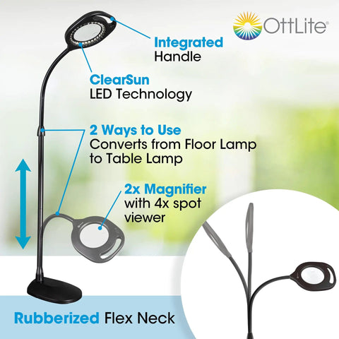 Two In One ClearSun LED Magnifier Light Floor And Table Lamp For Crafting Sewing Reading And Needlework Hands Free Optical Grade Magnification With Bright Natural Light For Your DIY Projects showing rubberized flex neck and integrated handle.
