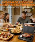 Premium Baker's Friend Mini Panini Press Electric Grill For Perfectly Crispy Sandwiches, Pancakes & Eggs with grilled meats and sandwiches.