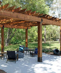 Hella Durable Heavy Duty Post Brackets 4 Pack Matte Black Wood Column Base Connectors for deck railing in a pergola.