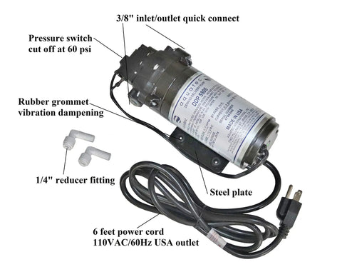 0.7 GPM 60 PSI Delivery Demand Pump For RO Storage Tank, 3/8 In JG Quick-Connect, 115V with cord and additional fittings
