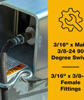 Installed durable rubber brake hose 3/16 inch ID by 18 inch length with 3/8-24 male to female swivel fittings for trailers.