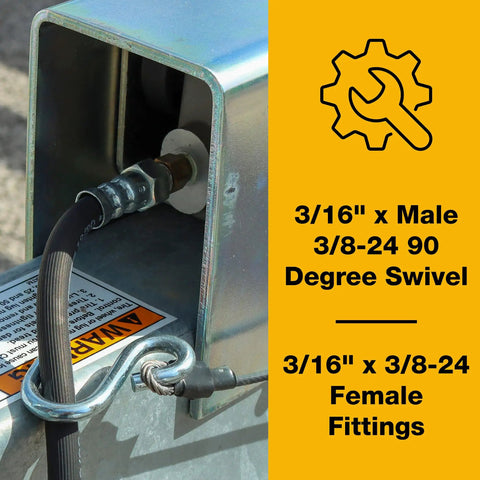 Installed durable rubber brake hose 3/16 inch ID by 18 inch length with 3/8-24 male to female swivel fittings for trailers.