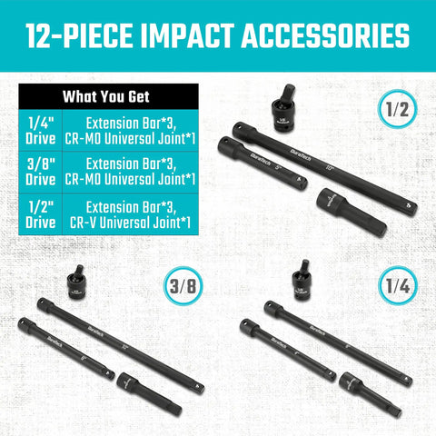 Heavy Duty 12 Piece Impact Socket Extension Set With 360 Degree Universal Joints For 1/4 And 3/8 Inch Drives Built From Premium CrV And CrMo Steel Construction, 12-piece set